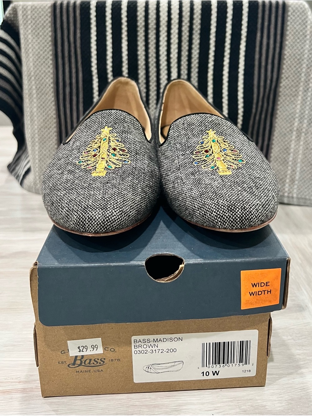 hotter Gray Embroidered Loafers with Gold Tree Accent